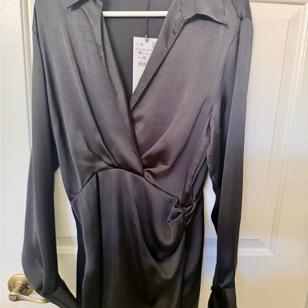 Zara Black Satin Wrap Long-Sleeved V-Neck Cocktail Mini Dress